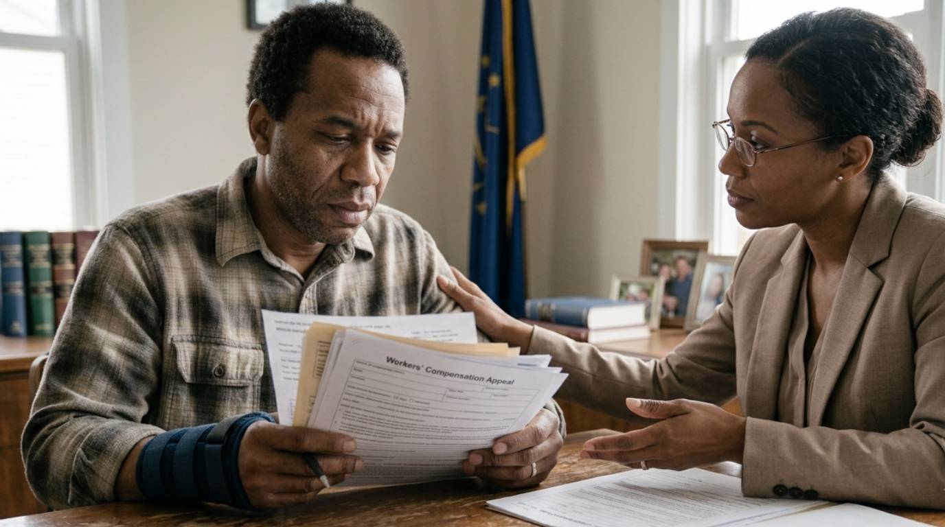 Injured worker meeting with an attorney across a desk — reassuring, documents in hand