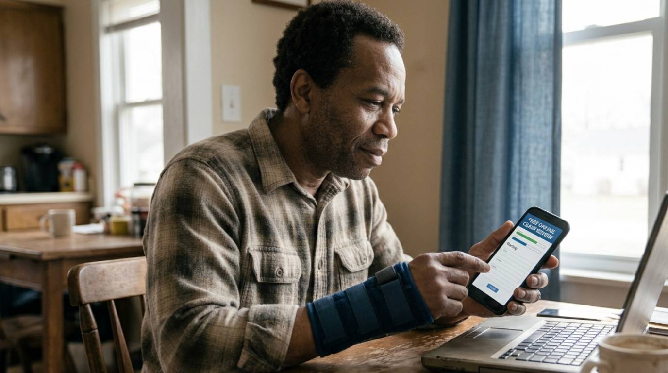 Person on their phone starting the free online claim review — hopeful, in control