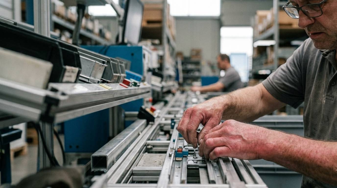 Hands doing the same repetitive task on a line or job site — motion that repeats