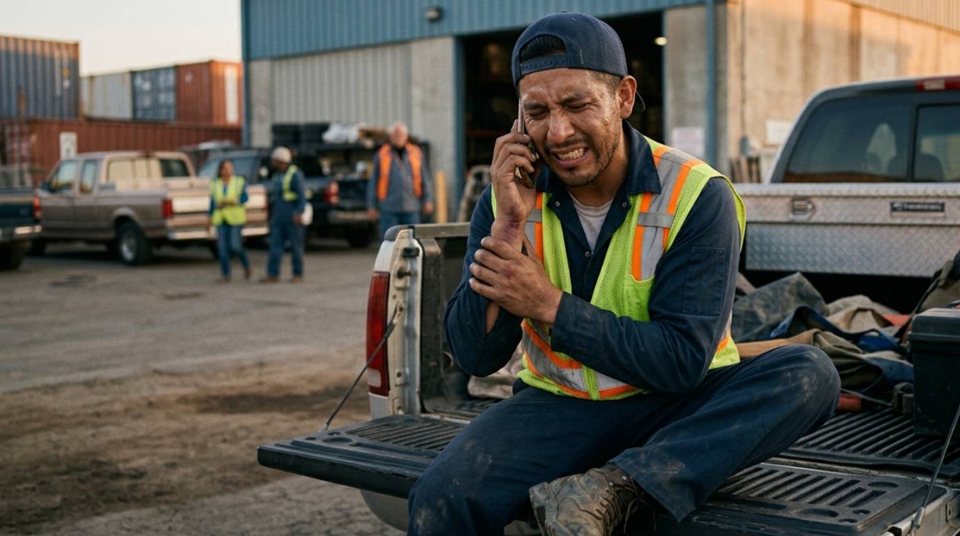Real injured worker at home, hopeful — authentic, not stock-slick