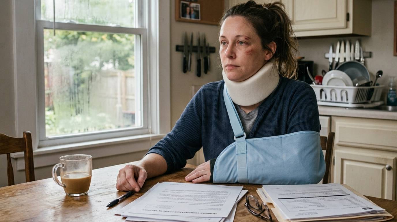 Injured worker on the phone getting help — reassuring, authentic