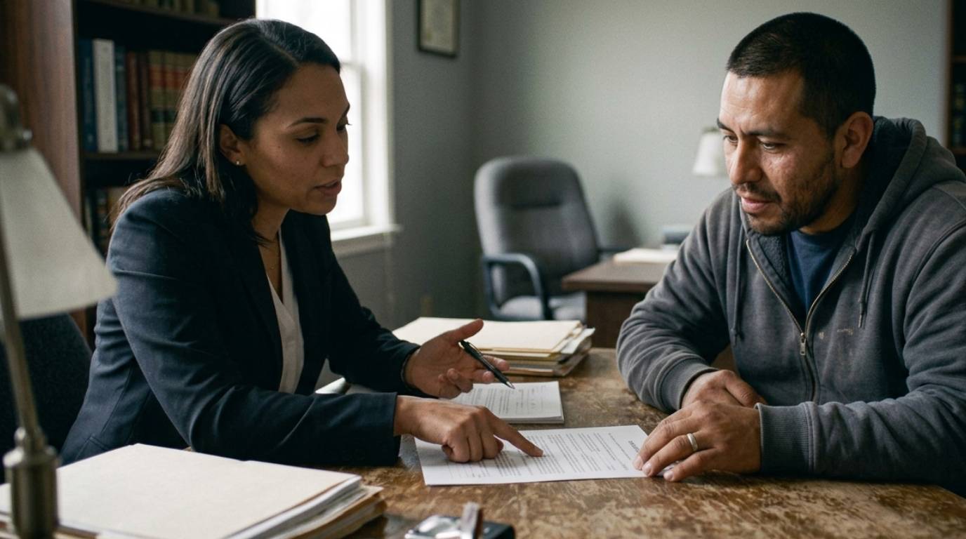Injured worker reviewing the offer with an attorney across a desk — documents in hand