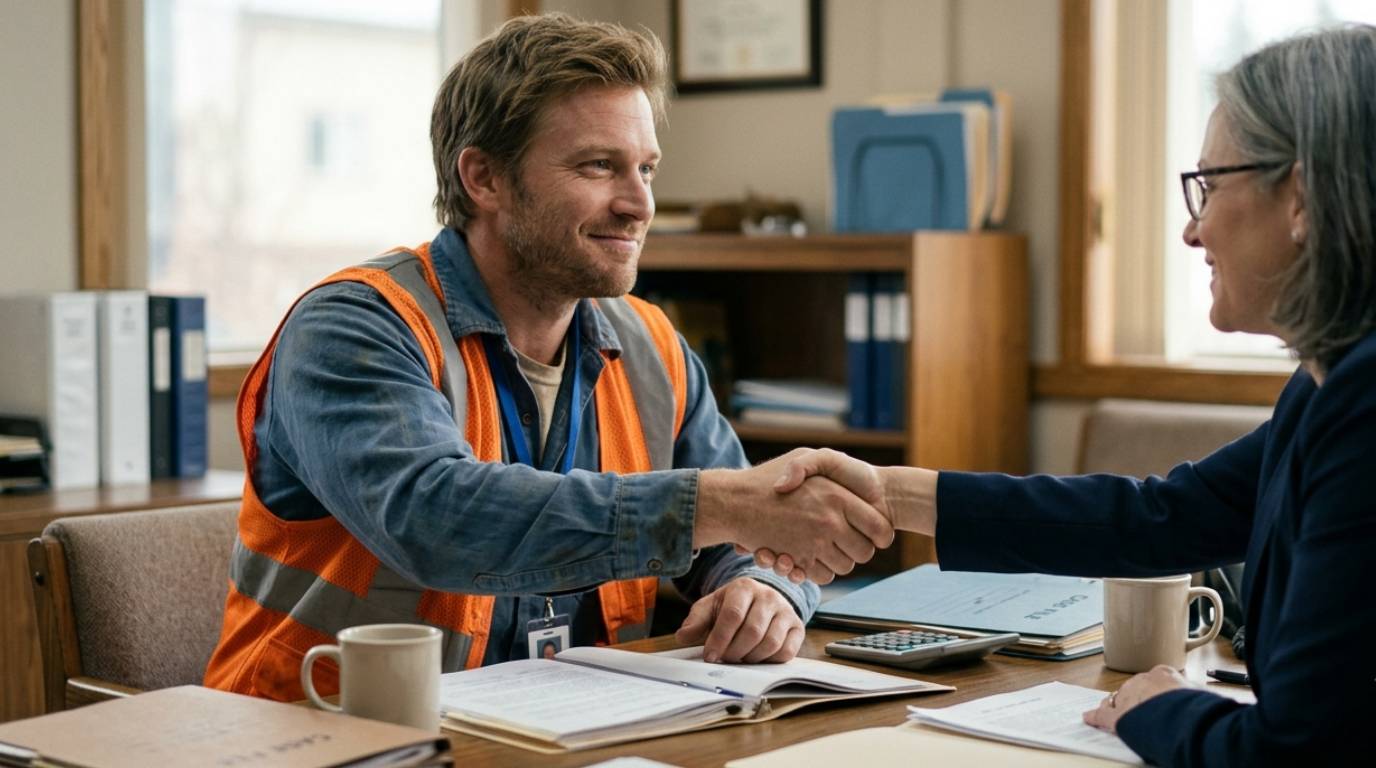 Injured worker reviewing paperwork with an attorney across a desk